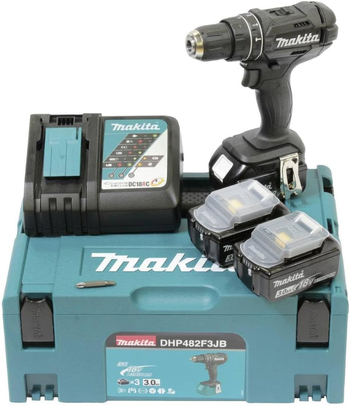 Makita DHP482F3JB Akku-Schlagbohrschrauber 18V in schwarz / 3,0 Ah, 3 Akkus + Ladegerät im MAKPAC