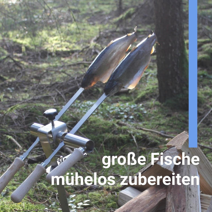 Premium Steckerlfisch Halter für Lagerfeuer - Platz für 2 Fische - Fisch Grill Spiesshalter für offe