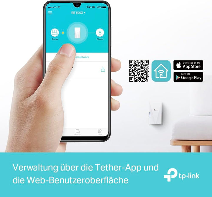 TP-Link RE500X WiFi 6 WLAN Verstärker Repeater AX1500(Dualband 1200MBit/s 5GHz + 300MBit/s 2,4GHz, T