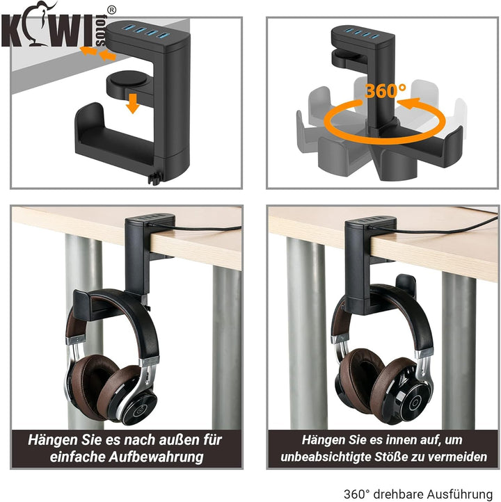 KIWIFOTOS 2-in-1-Kopfhörerständer unter dem Schreibtisch mit 4 Anschlüssen USB-Hub-Organizer, Headse