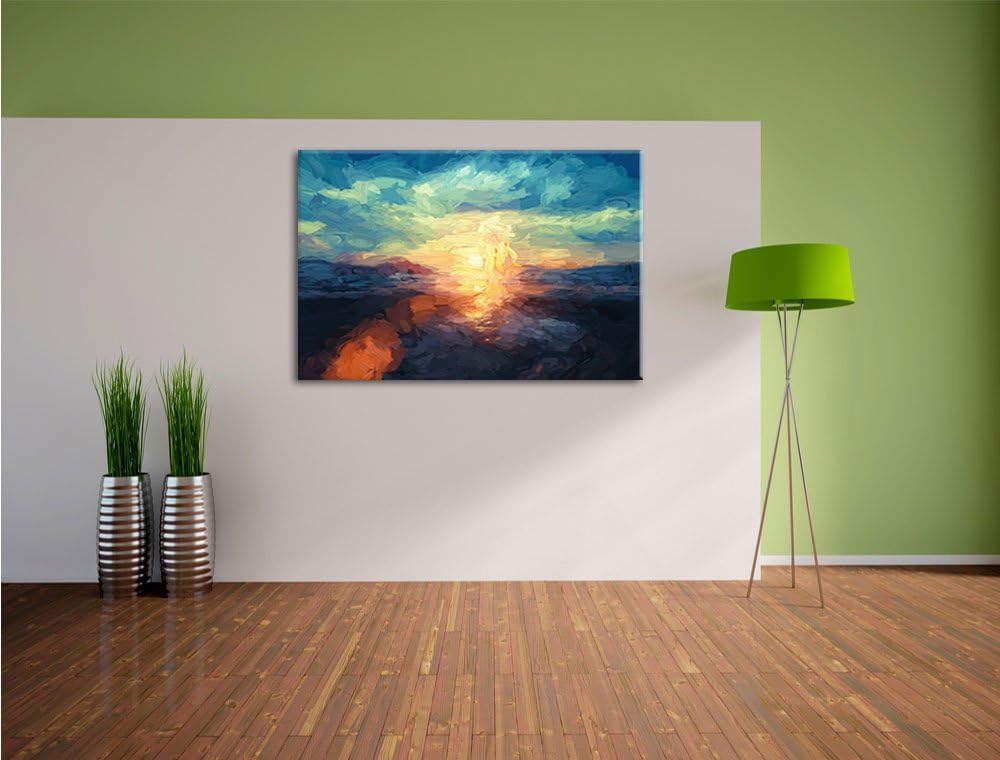 Pixxprint Yoga Silhouette bei Sonnenuntergang am Strand Kunst Pinsel Effekt, Format: 100x70 auf Lein