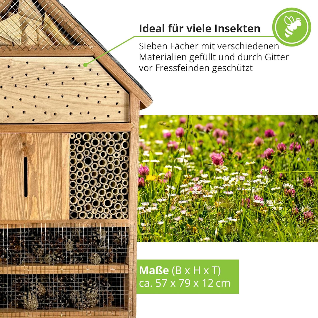 GARTENETAGE Insektenhotel XXL geölt mit Schieferdach/Naturbelassenes, massives Insektenhaus & Bienen