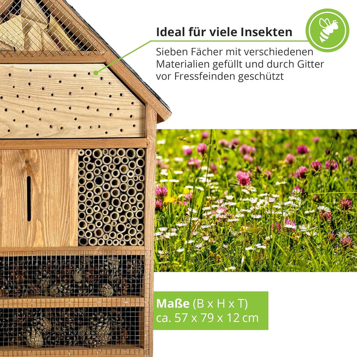 GARTENETAGE Insektenhotel XXL geölt mit Schieferdach/Naturbelassenes, massives Insektenhaus & Bienen
