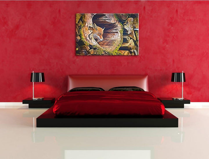 Fuchs im Baumstamm Deluxe Format: 100x70 cm auf Leinwand, XXL riesige Bilder fertig gerahmt mit Keil