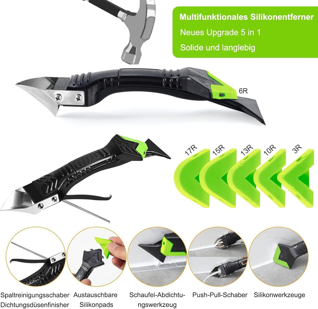 Silikonentferner, Silikon Abzieher Werkzeug Set 5 in 1 Fugenkratzer 6 Auswechselbar Silikonpads Dich