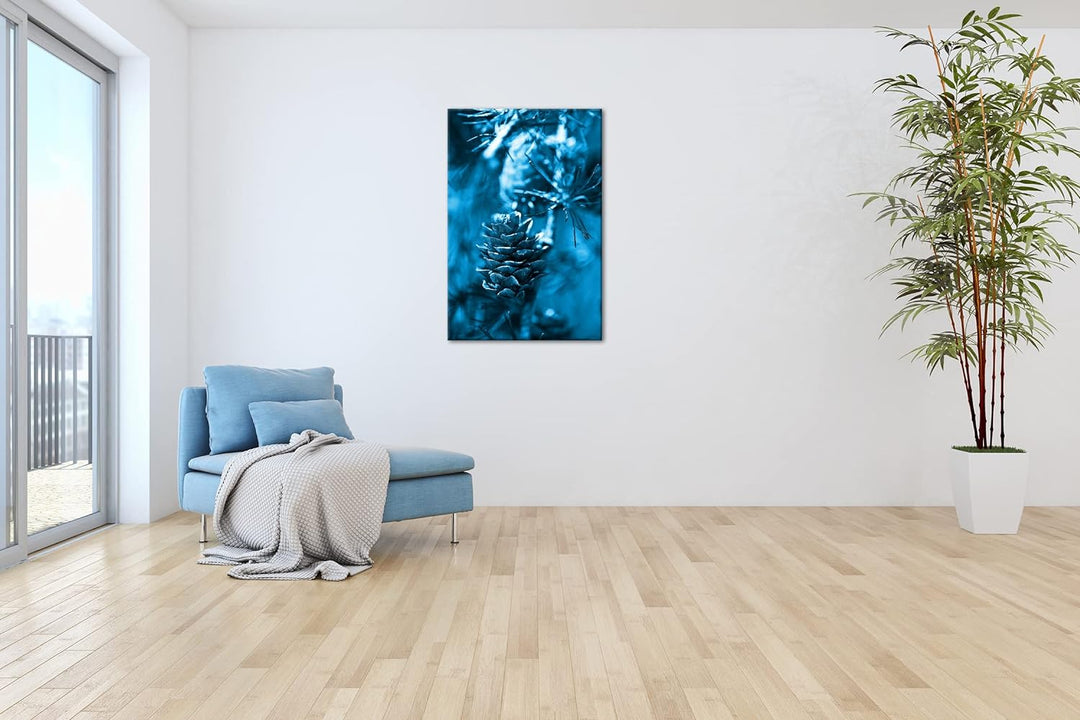 deyoli Tannenzapfen am Ast Format 80x60 Effekt: Monocrome Blau als Leinwandbild, Motiv fertig gerahm