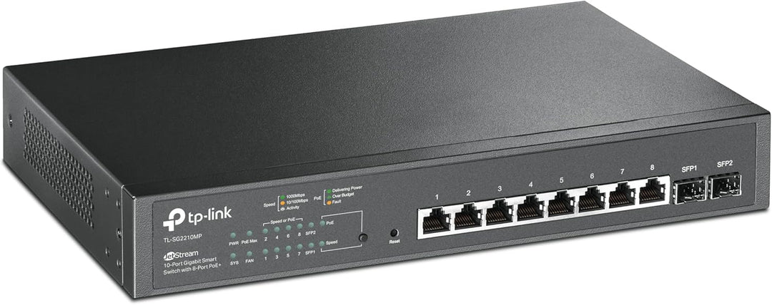 TP-Link TL-SG2210MP 8 Port Gigabit Smart PoE Switch mit 2 SFP-Slots, 8 PoE+ Ports mit einer Gesamtle