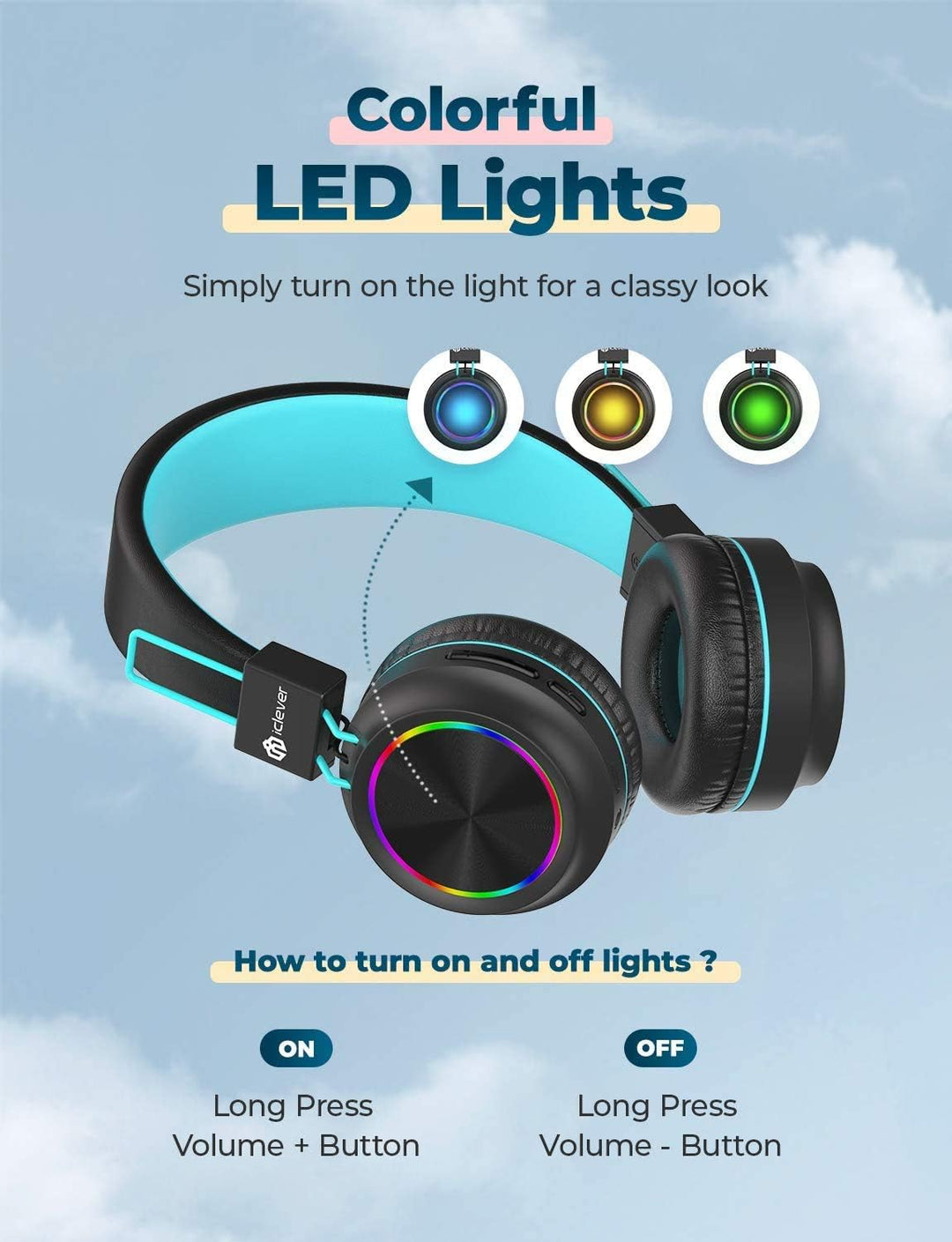 iClever Bluetooth Kinder Kopfhörer, Bunte Lichter LED, 94dB Lautstärkebegrenzung, Faltbare, Einstell