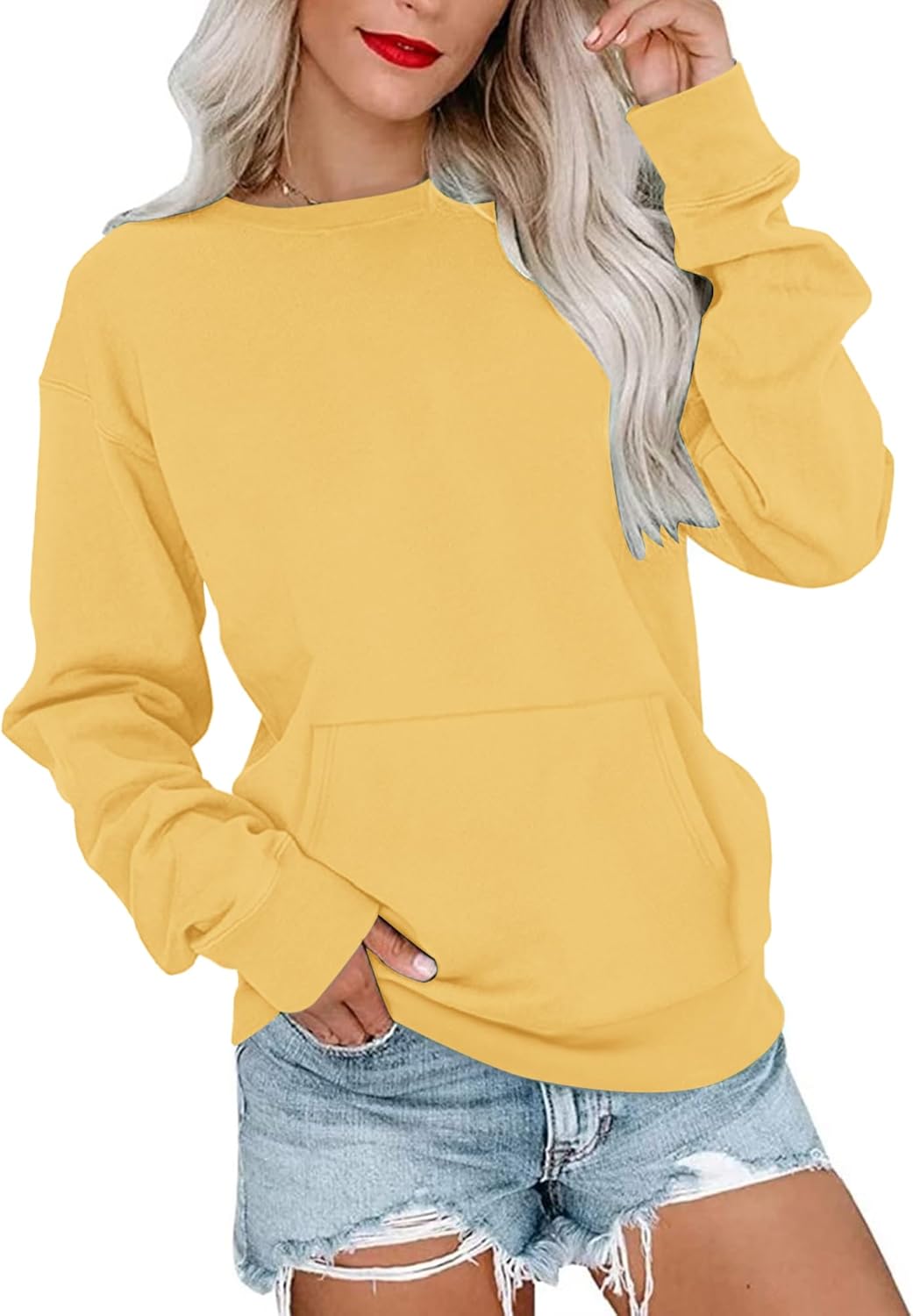 WNEEDU Damen Langarmshirts Lässige Sweatshirts mit Taschen Gelb S, Gelb S