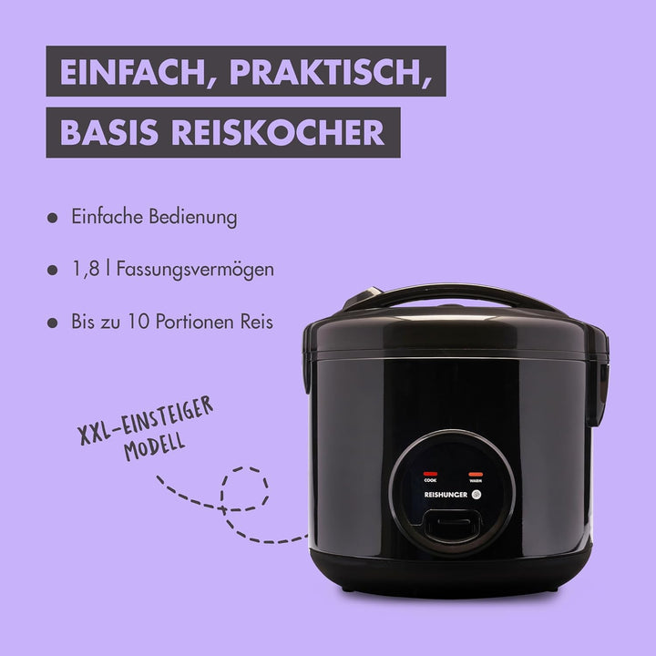 REISHUNGER Reiskocher & Dampfgarer mit Keramikbeschichtung, Schwarz, 1,8L - bis zu 10 Portionen - Sc