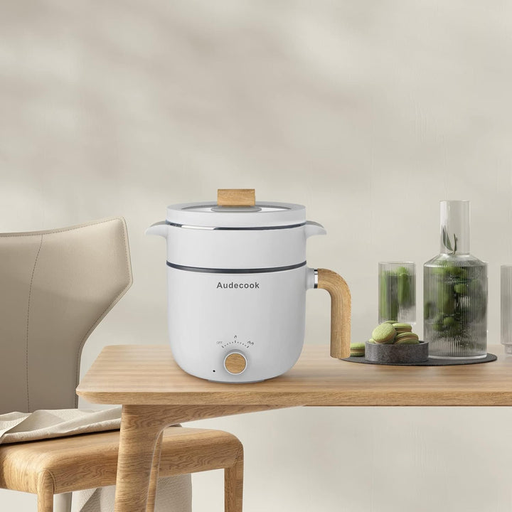 Audecook Elektrische Hot Pot und Dampfgarer, 1.5L Tragbare Mini Antihaft Multikocher, Ramen Kocher,