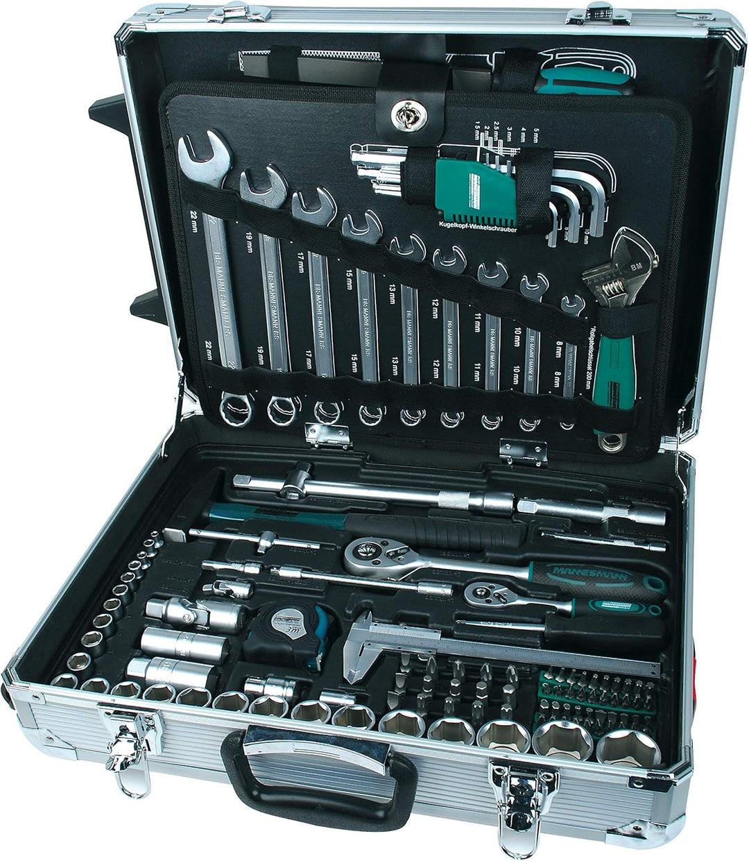 Brüder Mannesmann M29077 Alu-Werkzeugtrolley bestückt, 159-tlg & Elektro-Schraubendrehersatz, 7-tlg,