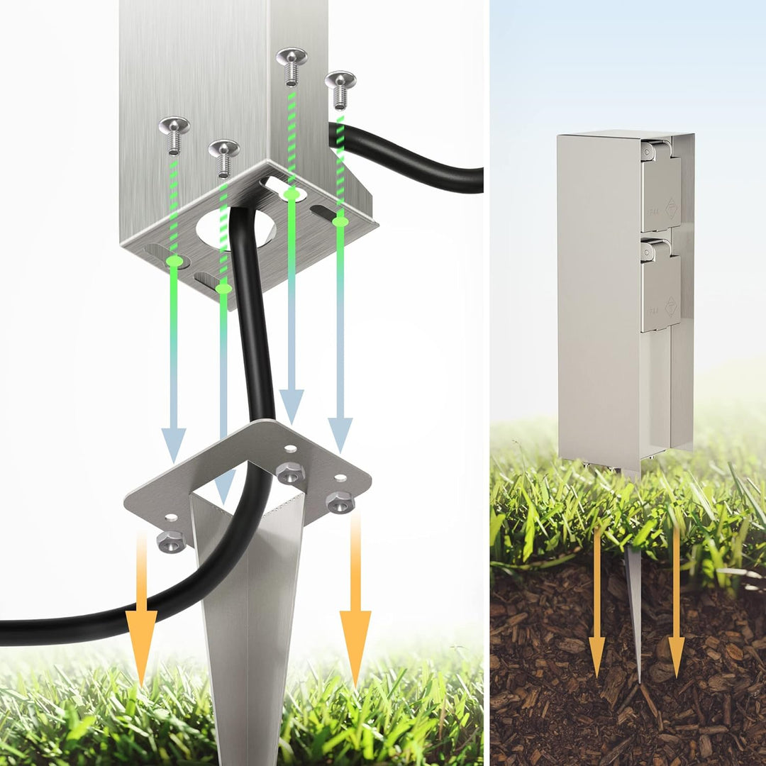 ledscom.de Garten-Steckdosen-Säule POMI mit Erdspiess für aussen, IP44, 2-Fach, Edelstahl, eckig, 23