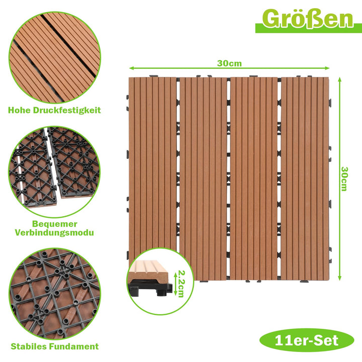 Ansobea WPC Terrassenfliesen Fliesen, 30x30 Holzfliesen 11er Set für 1m²,Balkonfliesen in Holzoptik,