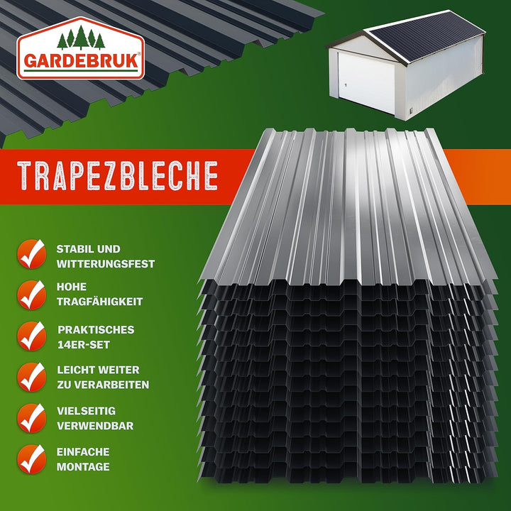 GARDEBRUK® 14x Trapezblech 110x46cm = 7m² Verzinkt Rostresistent Wetterfest Profilblech Dachblech We