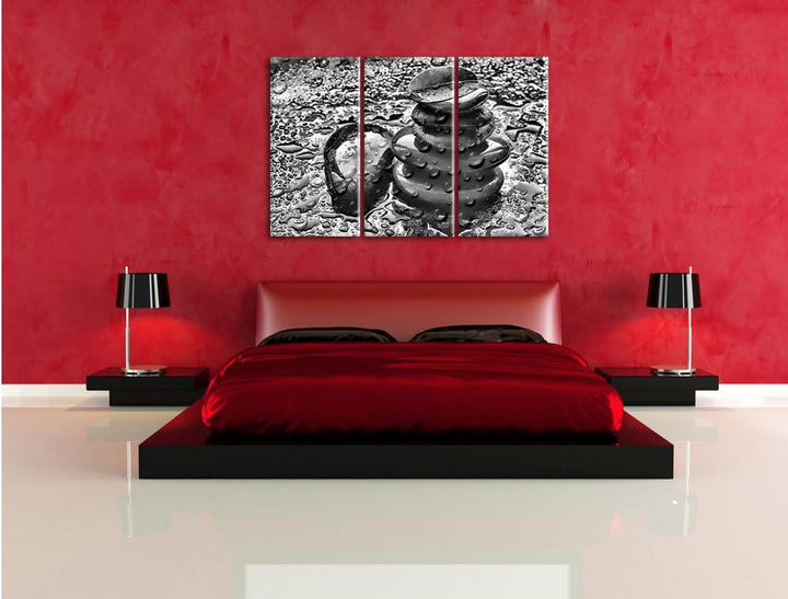 Pixxprint Zensteinturm im Regen als Leinwandbild/Grösse: 3 Teilig (120x80) cm/Wandbild/Kunstdruck/fe