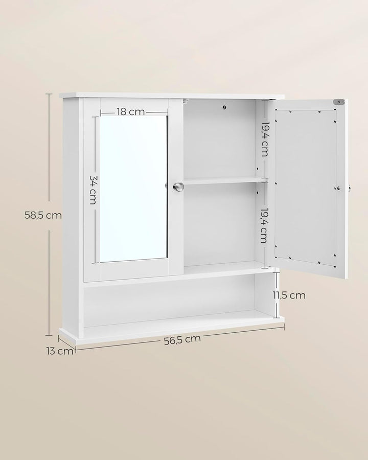 VASAGLE Spiegelschrank, Badschrank, Wandschrank, Hängeschrank mit 2 Spiegeltüren und offenem Fach, v
