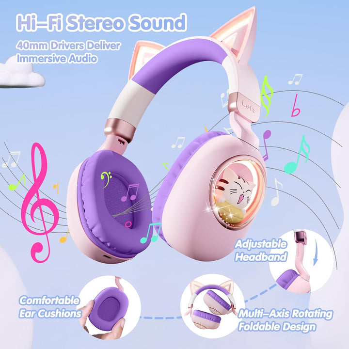 sunvito Kinder Kopfhörer Bluetooth 5.4, LED Beleuchtetes Katzenohr, Faltbarer Over-Ear Kopfhörer mit