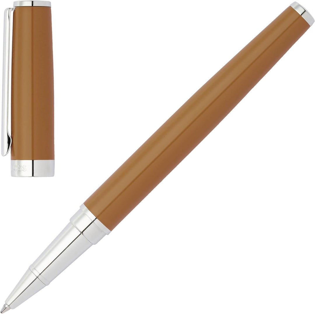 Hugo Boss Gear Icon Tintenroller aus Messing mit Chrome Beschichtung in der Farbe Camel, Masse: 13,8