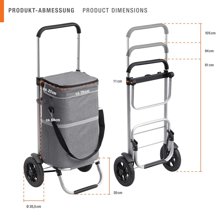 Meister Einkaufstrolley Premium Grau, 45 L – Klappbarer Einkaufsroller mit Luftreifen, Kühltasche &
