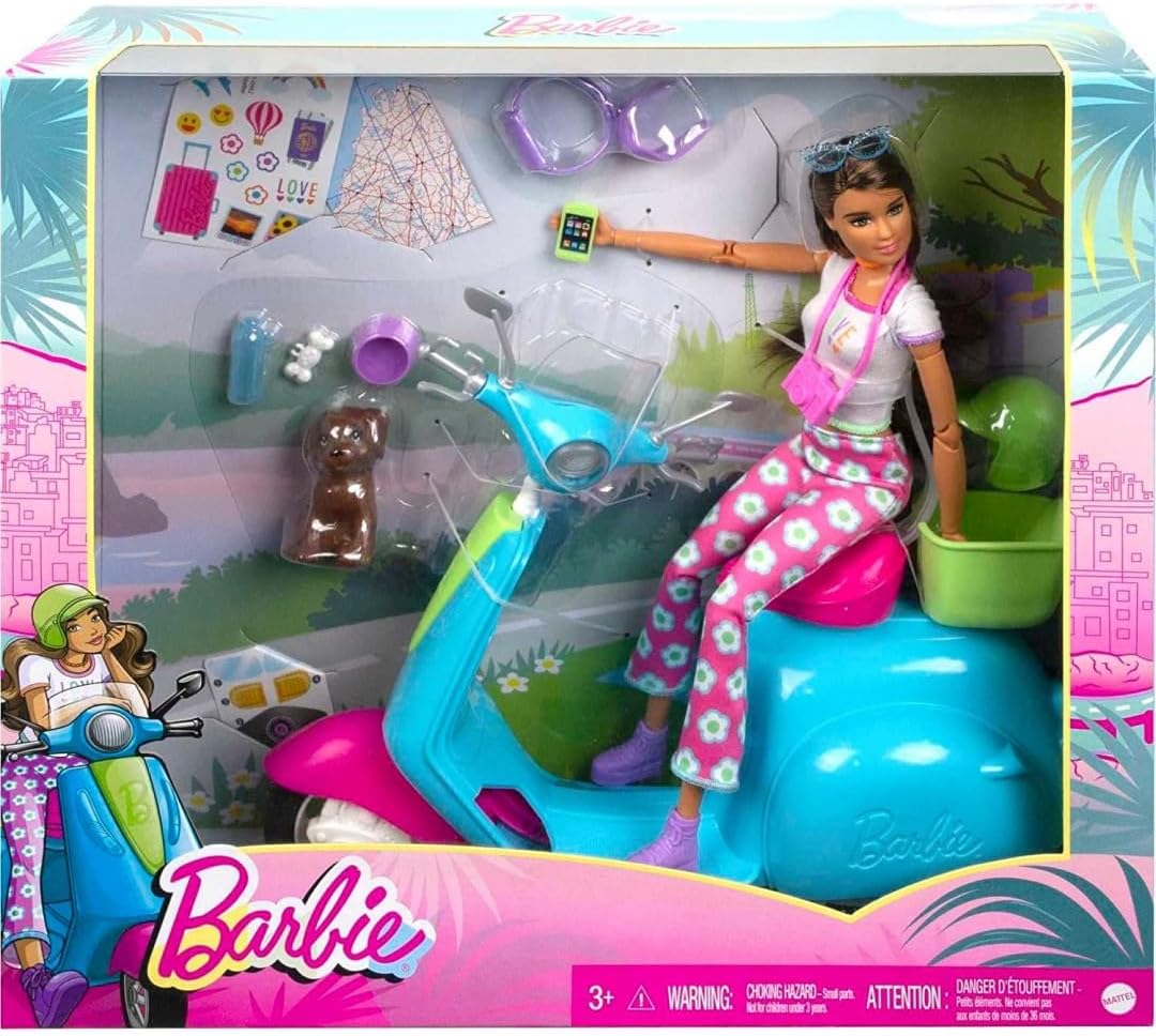 Barbie Fashionistas Puppe und Roller, Reise-Spielset mit Aufklebern, Haustierwelpe und themenbezogen