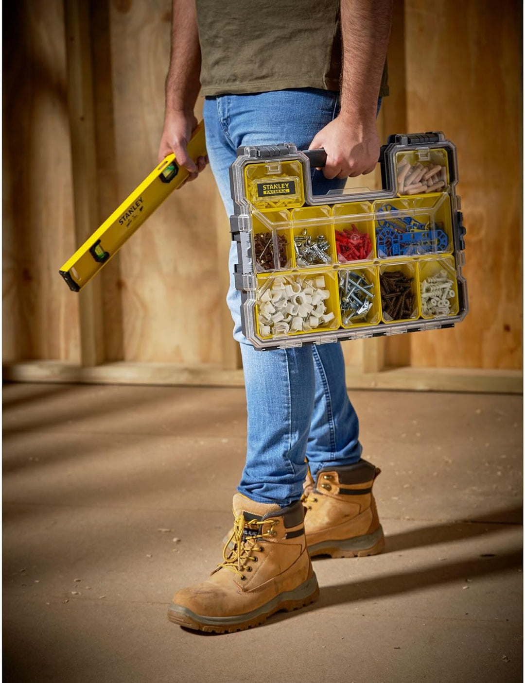 Stanley FatMax Werkzeug-Profi-Organizer (44.6 x 7.4 x 35.7 cm, flache Fächer, mit Klappdeckel und Ku