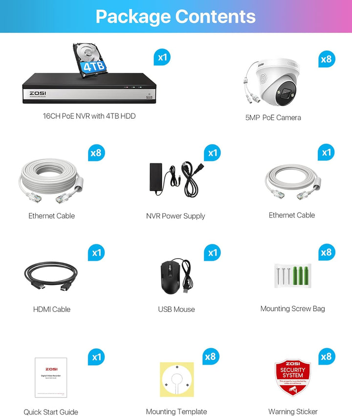 ZOSI 5MP Überwachungskamera Set, Videoüberwachung mit 8X 5MP PoE IP Kamera und 16CH 4TB HDD NVR, Per