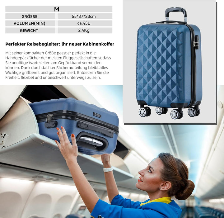 BEIBYE Zwillingsrollen 2066 Hartschale Trolley Koffer Reisekoffer Gepäck M-L-XL-Set (Blau, M) Blau M
