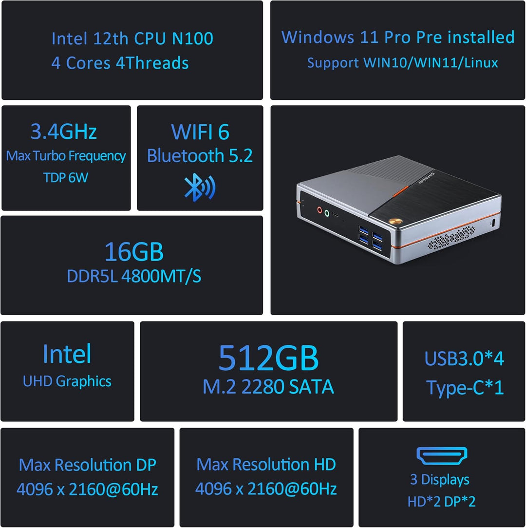 Sharevdi Mini PC, 12th In-tel N100 Prozessor (bis zu 3.4GHz) 4C/4T,Wi-11 Pro Mini Desktop PC 16G DDR