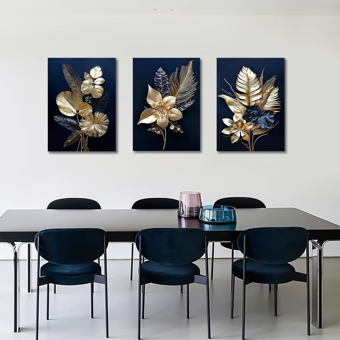3 Panels 3D Marineblaue Goldblumen Mit Rahmen Leinwand Bilder Monstera Kokosnuss Blätter Bild auf Le