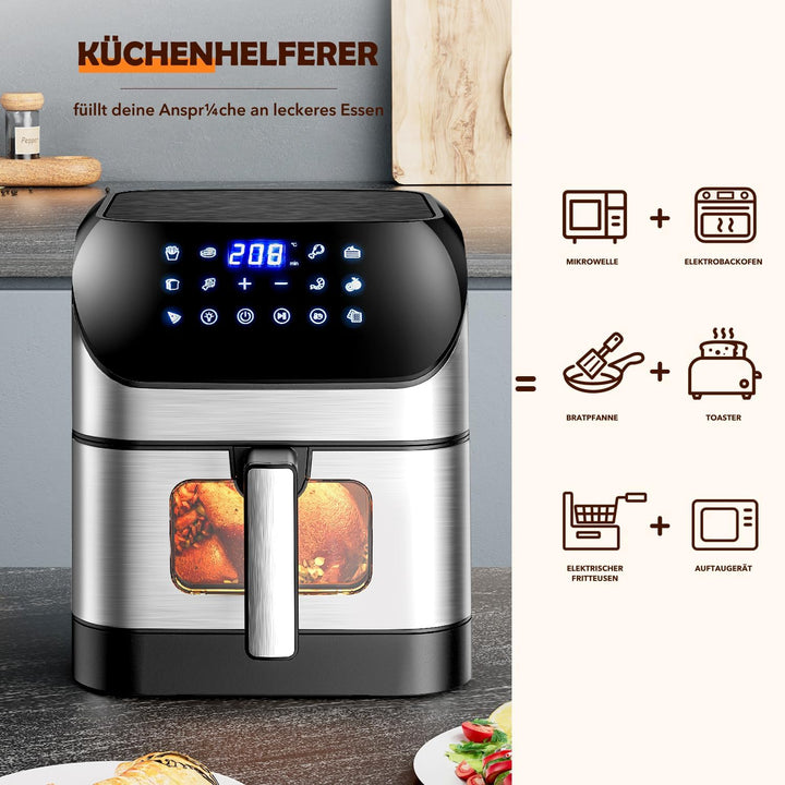 Heissluftfritteuse mit Sichtfenster 8L, Heissluftfritteuse Air Fryer mit Digitalem LED-Touchscreen,