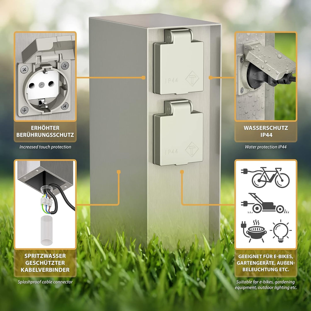 ledscom.de Garten-Steckdosen-Säule POMI mit Erdspiess für aussen, IP44, 4-Fach, Edelstahl, eckig, 23