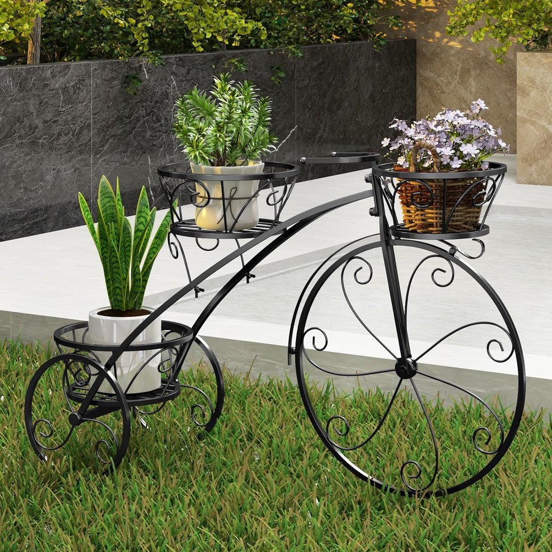 COSTWAY Pflanzenständer Metall, Fahrrad-Design, Blumenregal mit 3 Körben, Blumenständer mit dekorati
