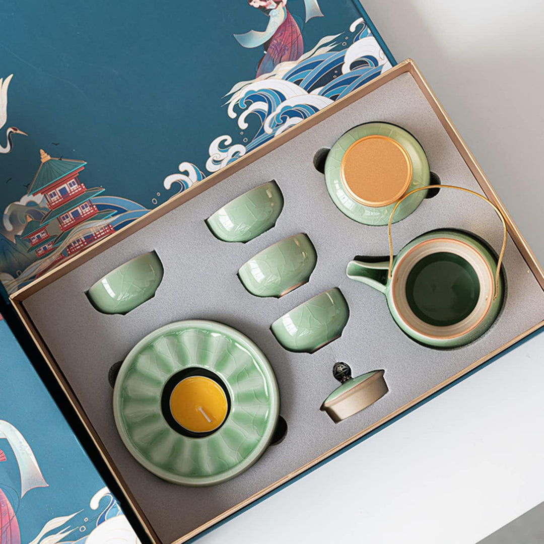fanquare Teekanne aus Porzellan mit Heizung, Tief Grün Japanischen Stil Teeservice mit Stövchen, Ker
