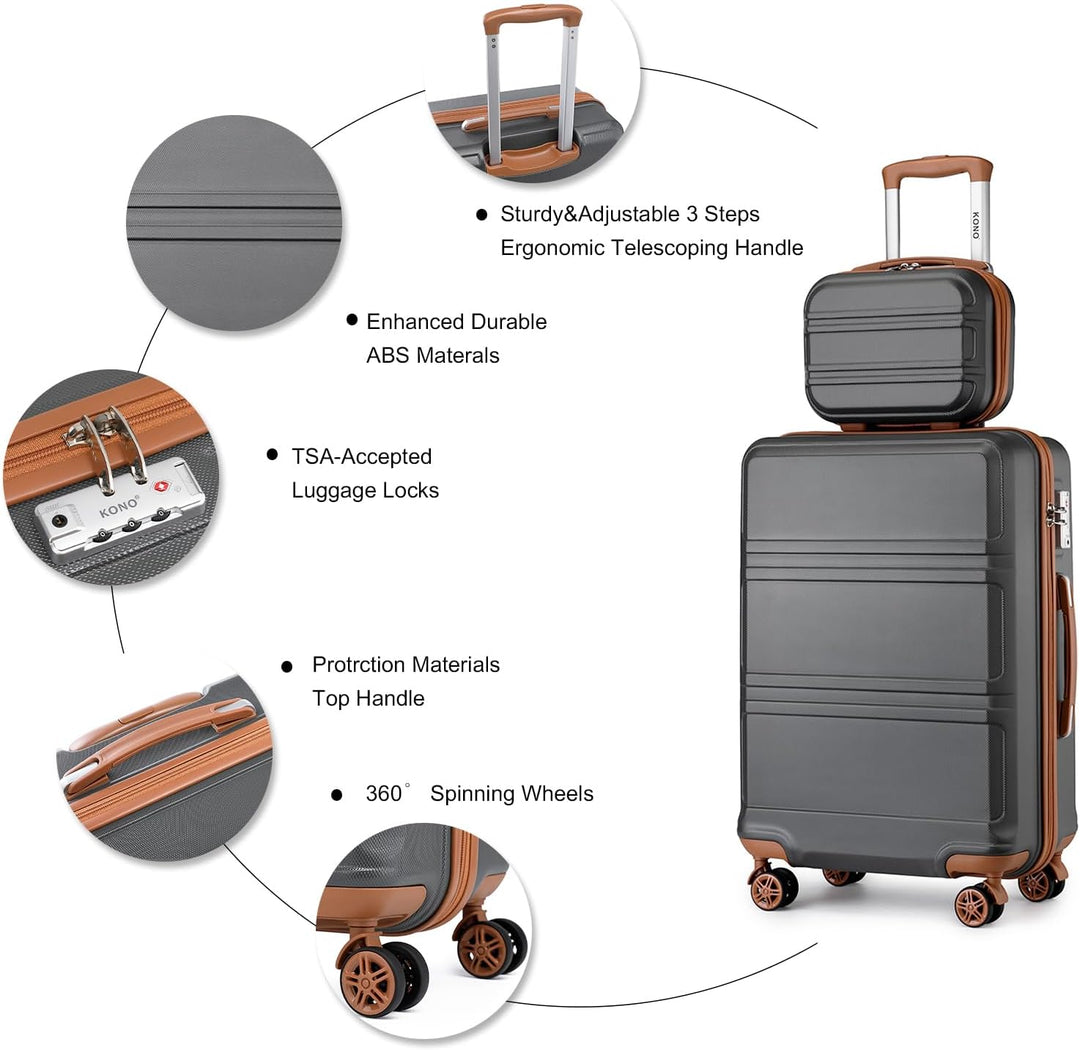 Kono Reisegepäck Set Leichter ABS-Hartschalen-Trolley mit 4 Spinnrollen und TSA-Zahlenschloss Grau/B
