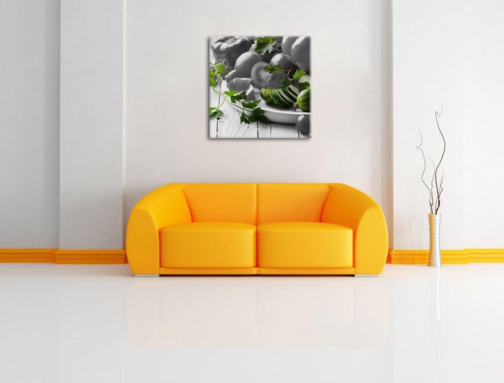 Gemüseteller mit Paprika Tomate und Zucchini schwarz/weiss, Format: 70x70 als Leinwandbild, tolle Bi