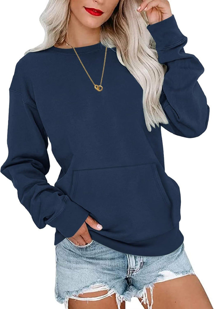 WNEEDU Damen Langarmshirts Lässige Sweatshirts mit Taschen Dunkelblau S, Dunkelblau S