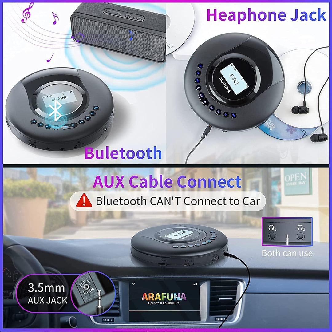 CD Player Tragbar, Arafuna Tragbarer CD Player Bluetooth für Auto und Kinder, 2000mAh wiederaufladba
