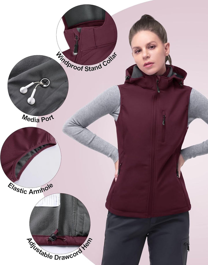 33,000ft Damen Softshell Westen mit Abnehmbare Kapuze Fleece Gefütterte Ärmellose Jacke Wasserdichte