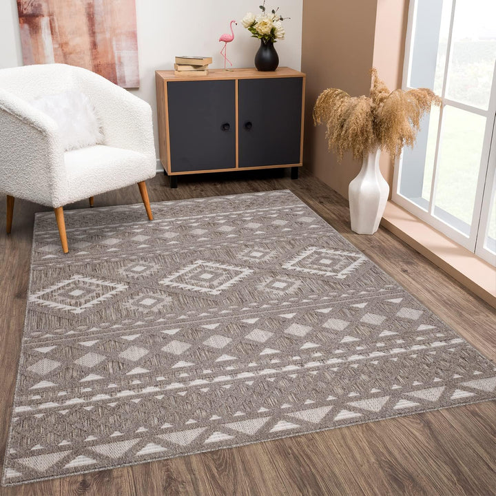 payé Teppich Wohnzimmer - Boho Braun 200x290cm - Raute Ornamente - Ethno Teppiche für Balkon Terrass
