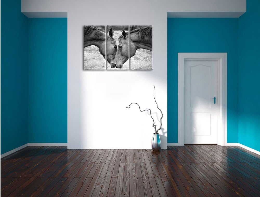 Pixxprint Zwei schmusende Pferde Kunst B&W als Leinwandbild | Grösse: 3 Teilig (120x80) | Wandbild|