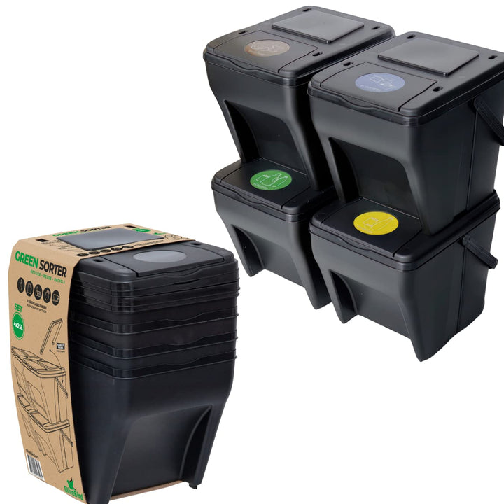 OliveBird Mülleimer 4 Fächer Mülltrennsystem 100L - 4x25L Green Sorter Mülltrenner 5 Aufkleber Farbe
