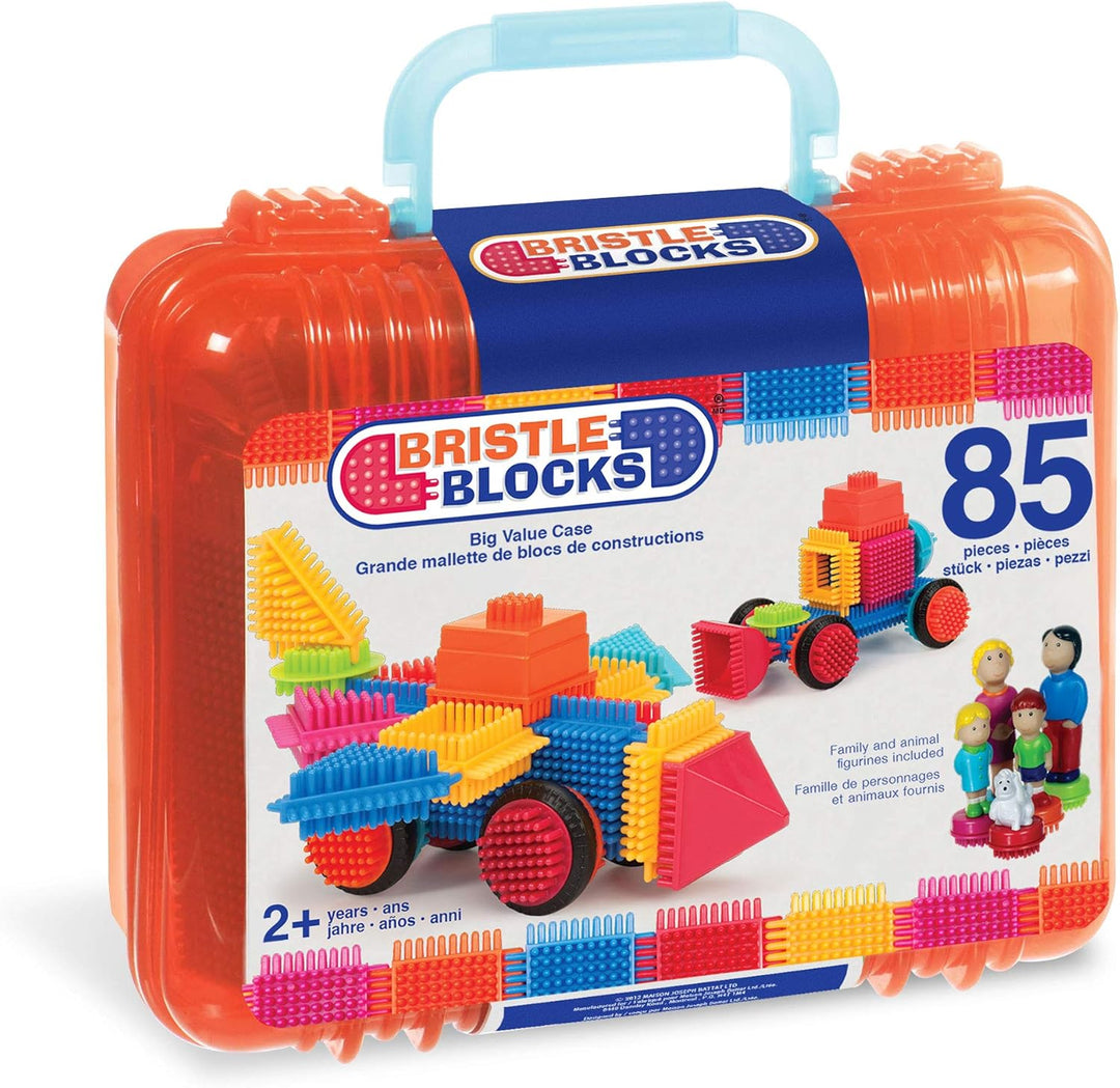 Bristle Blocks 85 Teile Bausteine im Koffer mit Figuren – Bauklötze mit Borsten, Motorikspielzeug –