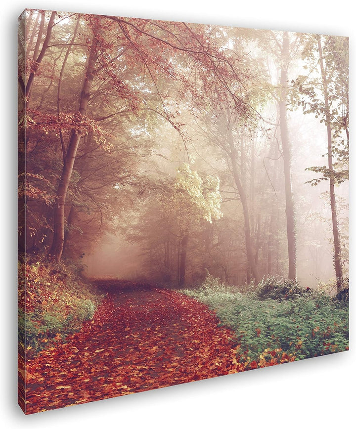 deyoli vernebelter Waldweg im Herbst Format: 70x70 als Leinwand, Motiv fertig gerahmt auf Echtholzra