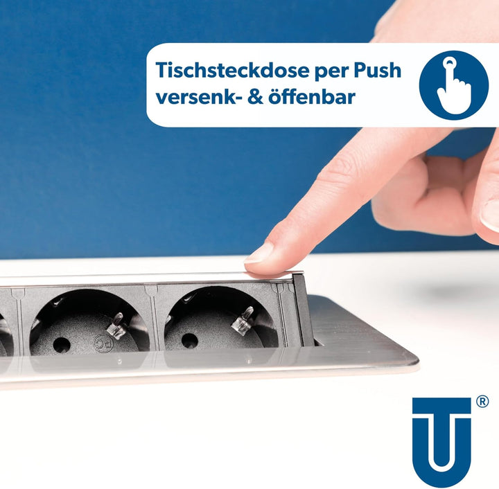 Unitec Versenkbare Steckdosenleiste horizontal | 2 USB Ladebuchsen | 3 Steckdosen | beiliegende Halt