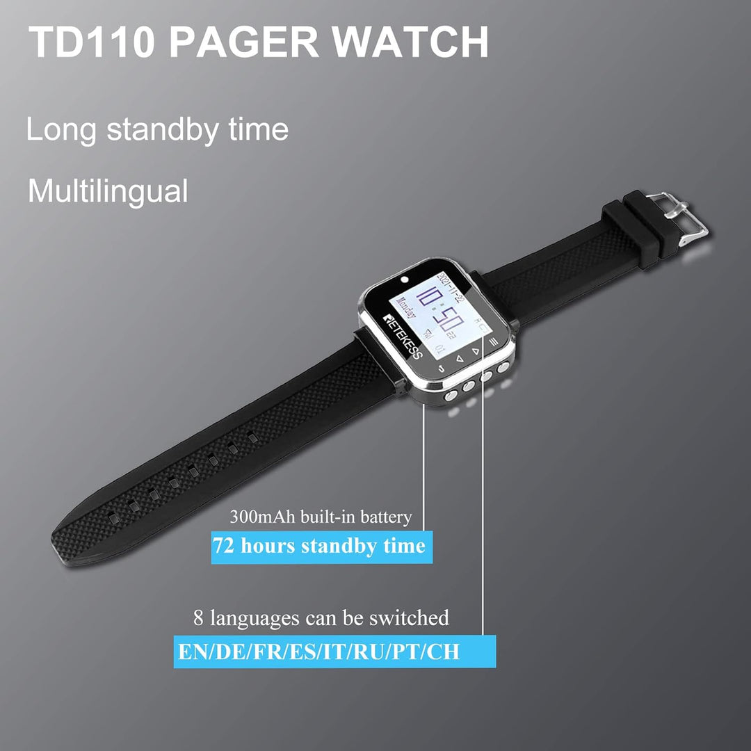 Retekess TD110 Restaurant Pager, Drahtloses Anrufsystem, 8 Sprachen, 300mAh Akku, 72h Standby Zeit,