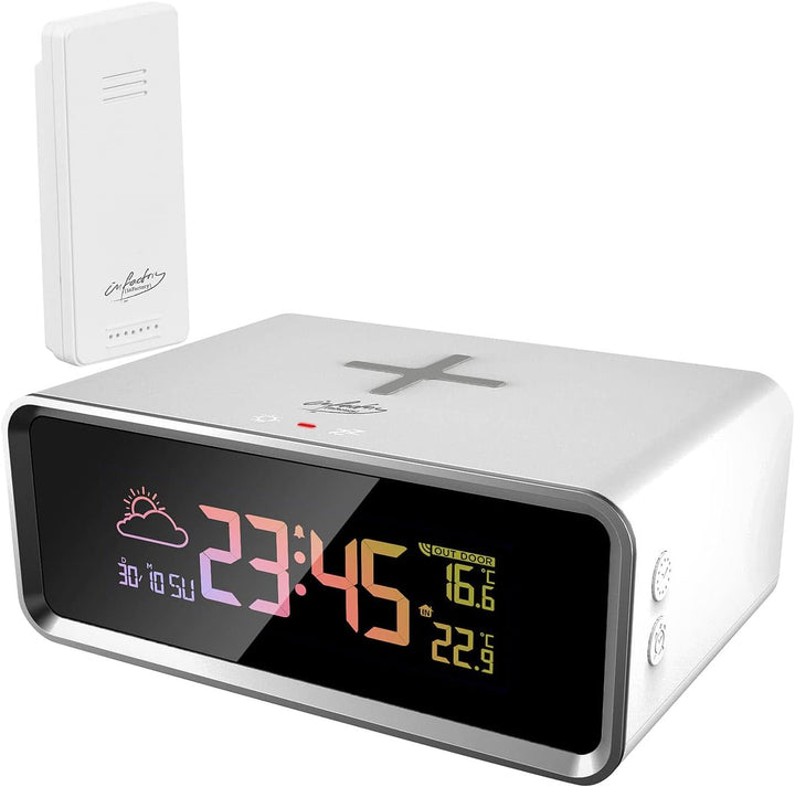 infactory Handy Ladestation: Funk-Wetterstation, Qi-kompatibles Ladegerät & Wecker, Sensor, 10 W (In