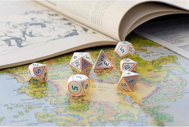 shibby 7 polyedrische Metall-Würfel für Rollen- und Tabletopspiele in Digital Optik D1 inkl. Aufbewa