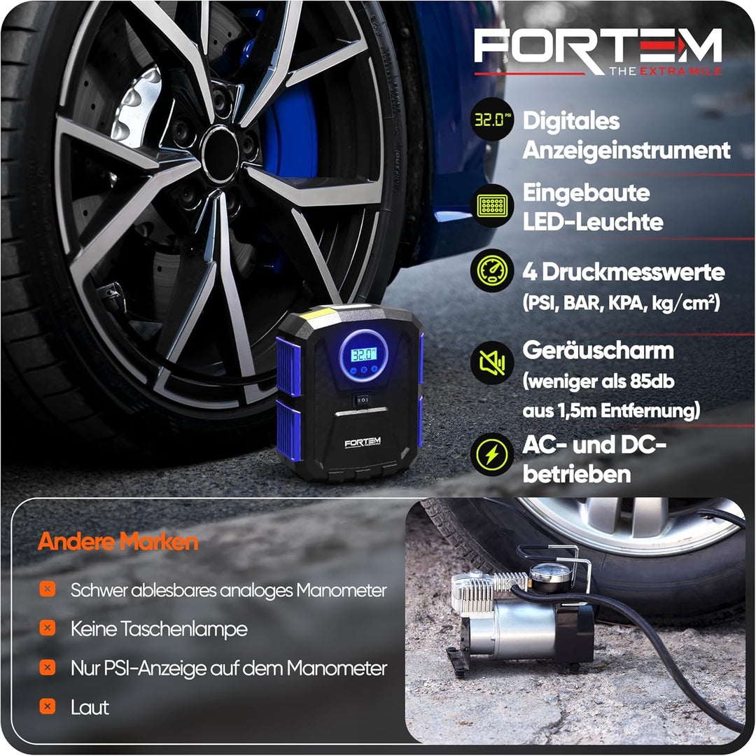 Fortem Tragbarer Kompressor Autoreifen, Kompressor Fahrrad, 12V Autoreifen Pumpe und Fahrradpumpe El