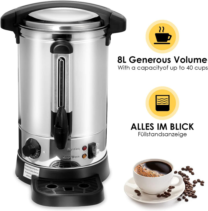 Tubiaz 8,8L Glühweinkocher Heisswasserspender aus Edelstahl 1500W Glühweinkessel mit Thermostat Füll